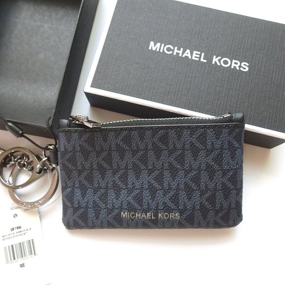Michael Kors Coin Card Case Pouch W/ No Touch Keychain Set Logo Navy Gift $128 - Picture 1 of 12